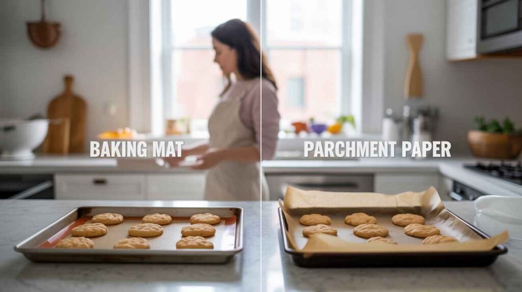 A woman in a bright kitchen compares a silicone baking mat with a parchment paper sheet on a baking tray.