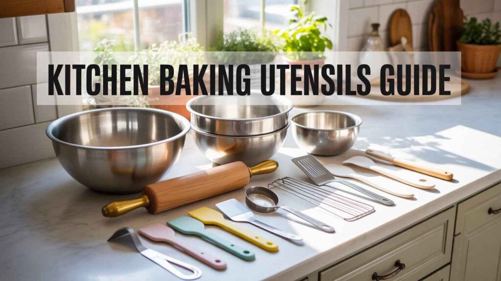 Neatly arranged essential baking utensils on a modern kitchen counter including rolling pins, dough cutters, bench scrapers, and icing spatulas.