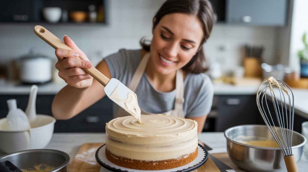 Woman using icing spatula to smoothly frost a cake in a modern kitchen with baking tools around.