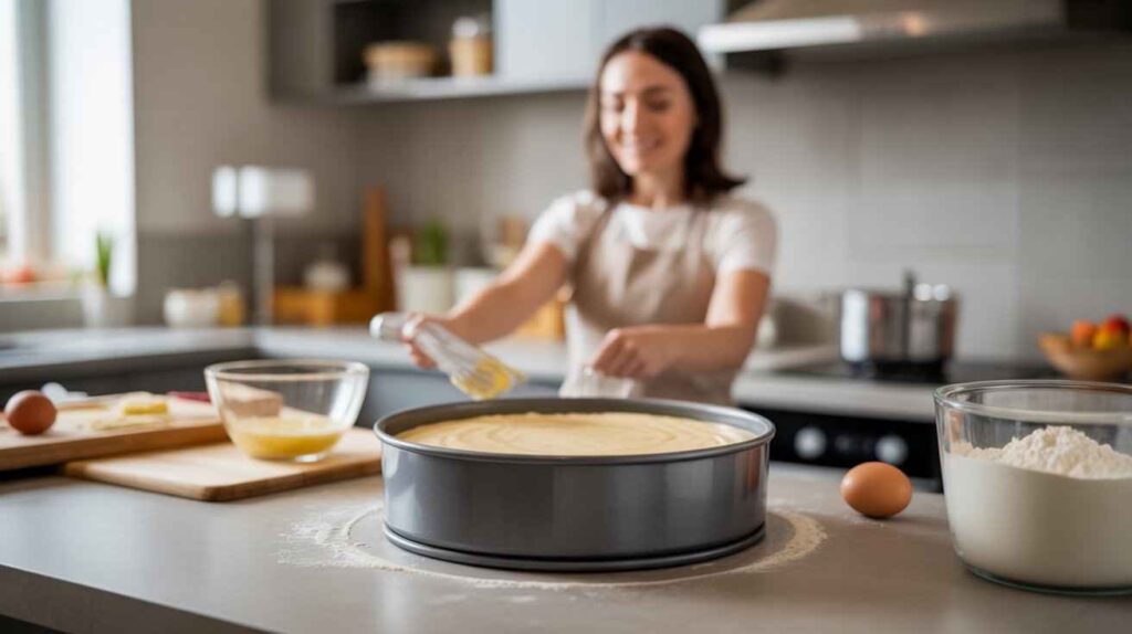 Woman using a cake pan in a modern kitchen while preparing homemade cake batter for home baking.