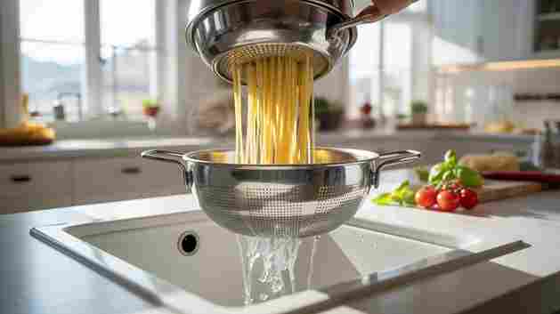 Stainless steel colander draining hot pasta in a modern kitchen sink with fresh vegetables on the counter, showing everyday kitchen use.