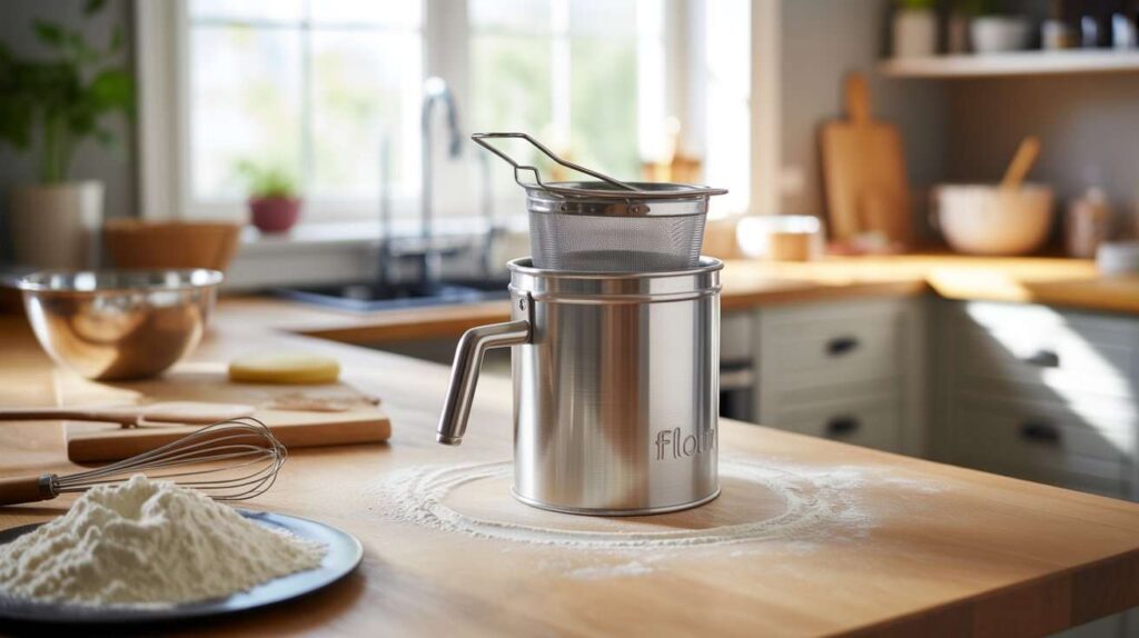Stainless steel flour sifter on a kitchen counter with baking tools, flour, and mixing bowl in a bright home baking setup.