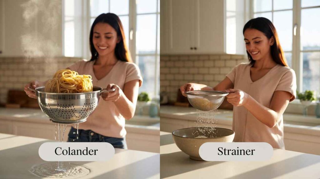 Woman in a modern kitchen comparing colander draining pasta and strainer filtering rice side by side with clear labels.