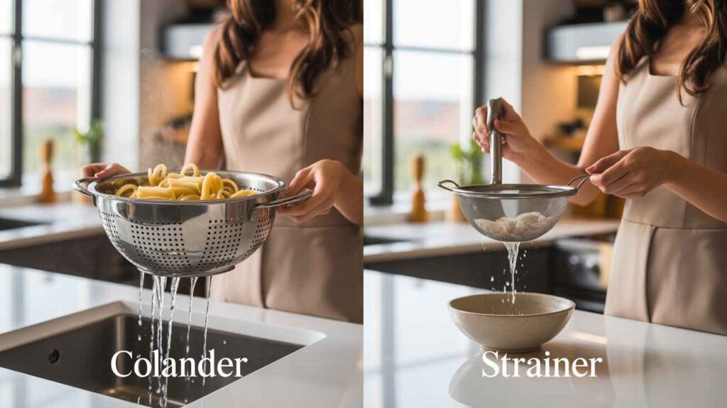 Woman in a modern kitchen using colander vs strainer for draining pasta and rinsing rice in a side-by-side comparison setup.