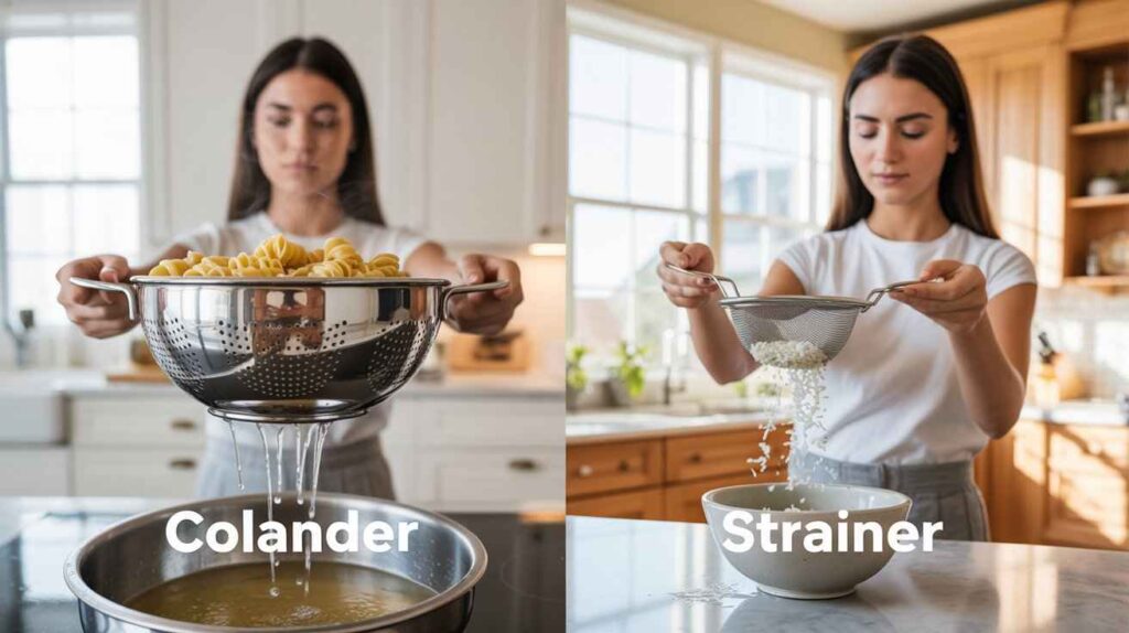 Woman in kitchen comparing colander for draining pasta and strainer for filtering liquid showing clear difference between both tools.