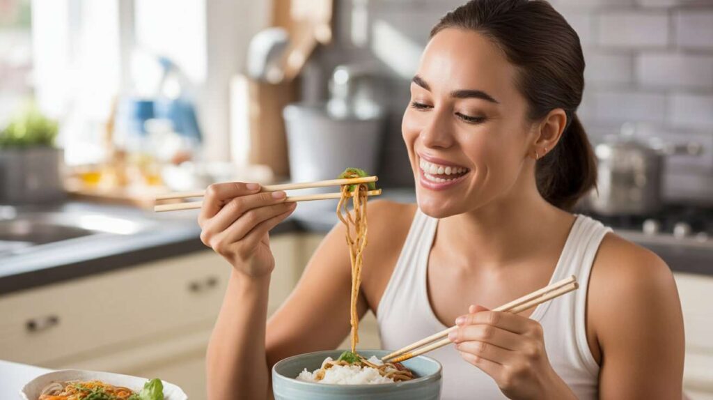 Person enjoying a home-cooked meal in a modern kitchen while using chopsticks with rice and noodles.