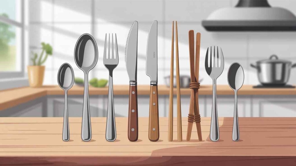A top view of various eating utensils including spoon, fork, knife, chopsticks, and spork neatly arranged to show different tools used for eating food in daily meals.