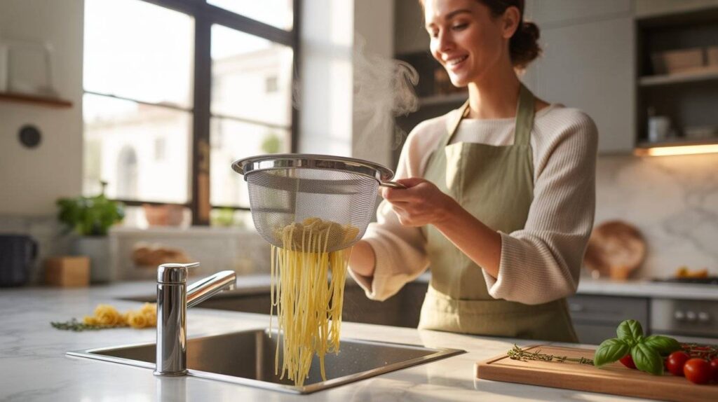 Woman using a fine mesh kitchen strainer with handle while rinsing fresh vegetables in a modern, bright kitchen setup.