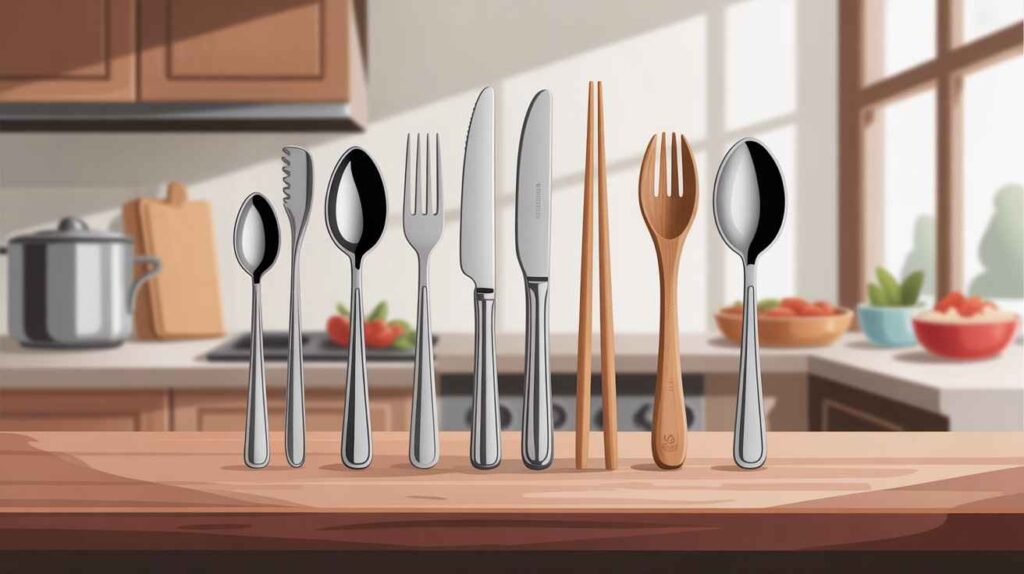 A realistic dining setup showing spoon, fork, knife, and chopsticks being used with different foods to demonstrate what utensils are used for eating in daily life.