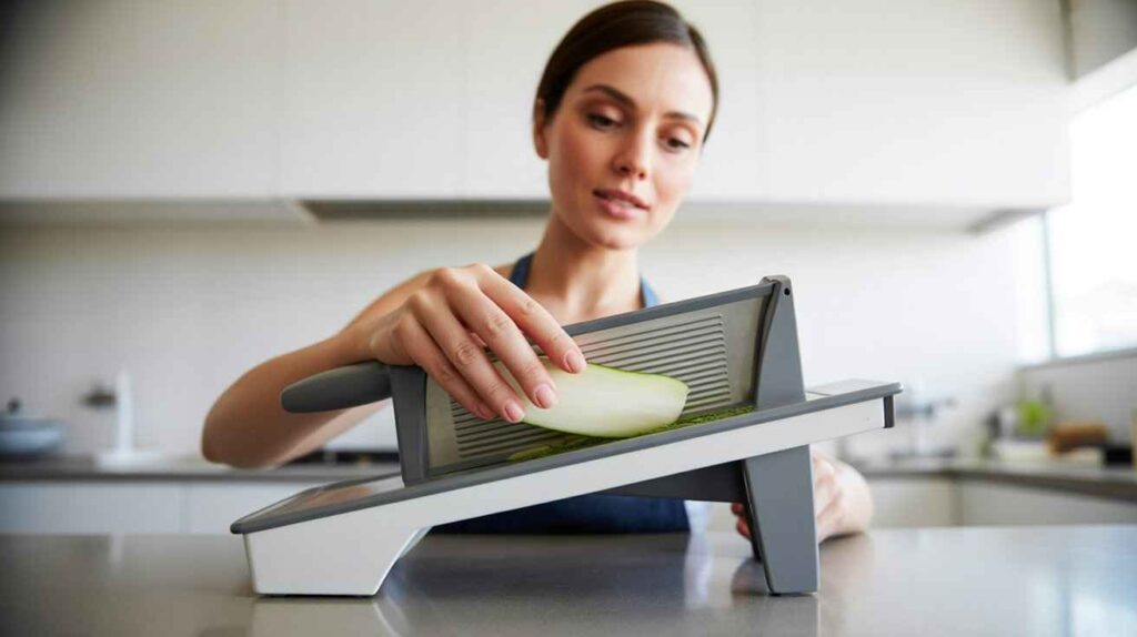 Woman using a mandoline slicer in a kitchen while safely holding a vegetable with a hand guard, demonstrating proper slicing technique.