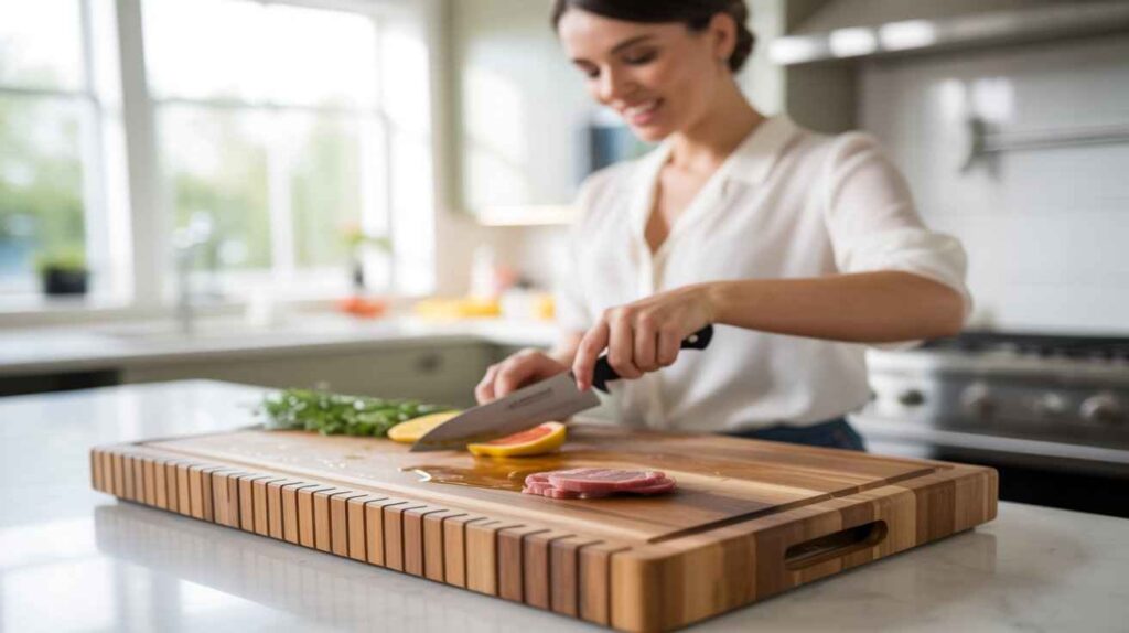 Woman slicing meat on a wooden cutting board in a modern kitchen with visible juice groove collecting liquid around the edges.