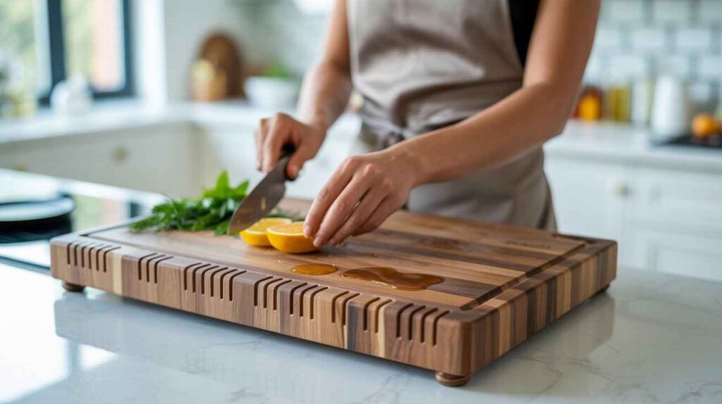 woman preparing food on a wooden cutting board with visible juice groove collecting liquid in a modern kitchen.