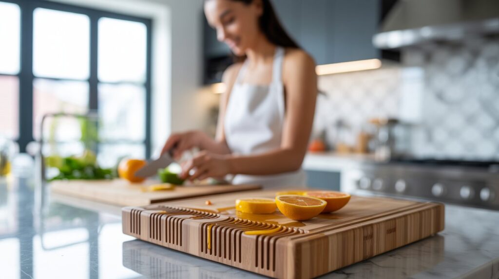 Juice groove cutting board in kitchen.