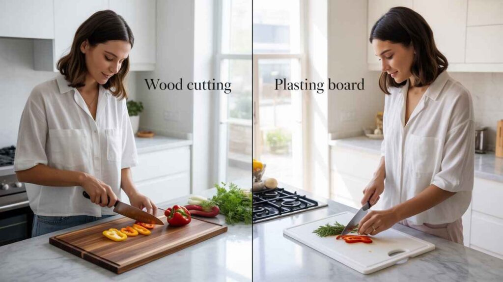 Woman in a bright kitchen preparing food on two different cutting surfaces, showing practical differences between natural wood and synthetic chopping boards during cooking.