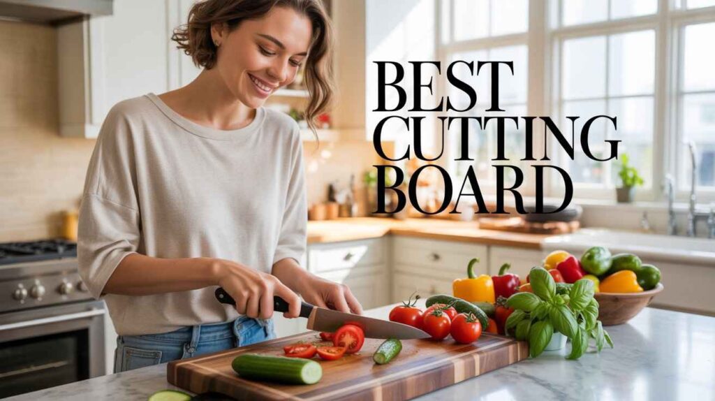 Woman smiling while slicing fresh vegetables on a large wooden chopping board in a bright kitchen.