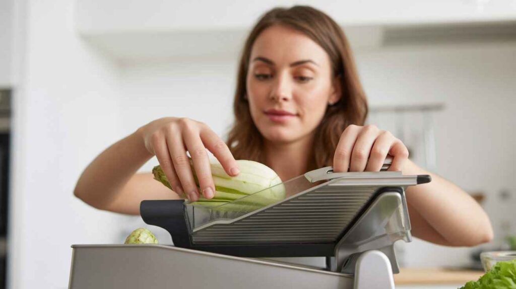 Woman demonstrating safe mandoline slicer use in a kitchen while slicing vegetables evenly using a hand guard on a countertop.