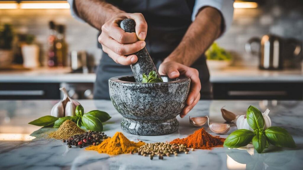 A home cook grinding fresh spices and herbs in a granite mortar and pestle on a modern kitchen counter with natural lighting.