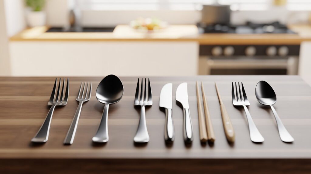 A clean and modern arrangement of eating utensils including spoon, fork, knife, chopsticks, and spork displayed on a table showing what utensils are used for eating.