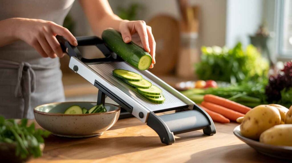 Woman safely using a mandoline slicer to cut fresh vegetables in a modern kitchen with a wooden countertop and natural light.