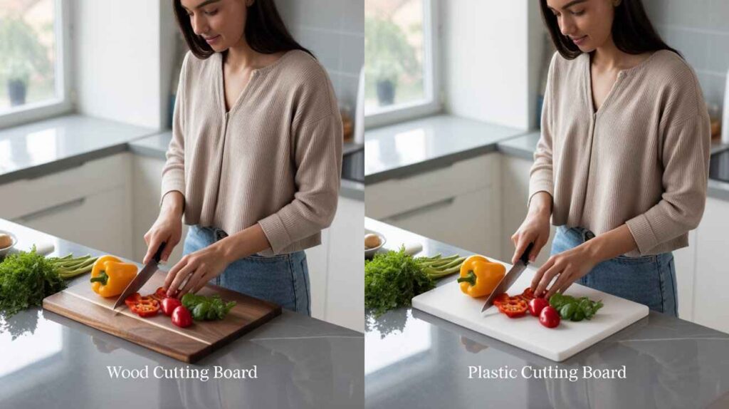 Side-by-side comparison of a woman in a modern kitchen using a wooden cutting board on one side and a plastic cutting board on the other to demonstrate differences in kitchen food preparation.