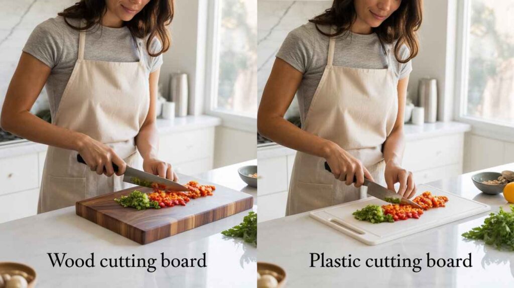 Woman preparing food in a modern kitchen showing wood vs plastic cutting board side-by-side comparison for chopping vegetables and meat preparation.
