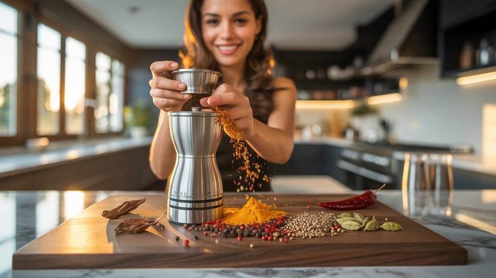 Woman using a spice grinder in a modern kitchen while preparing freshly ground spices for cooking.