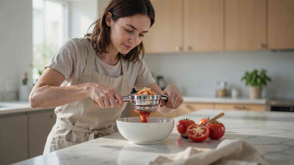 Woman using a stainless steel food mill for home use to make fresh tomato sauce on a marble kitchen counter.