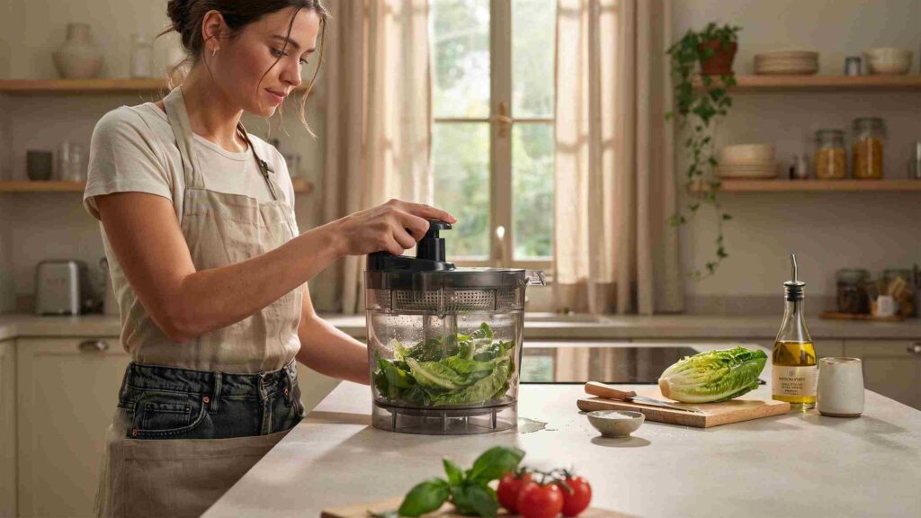 Woman spinning fresh lettuce in a kitchen salad spinner with clean countertop and natural light.
