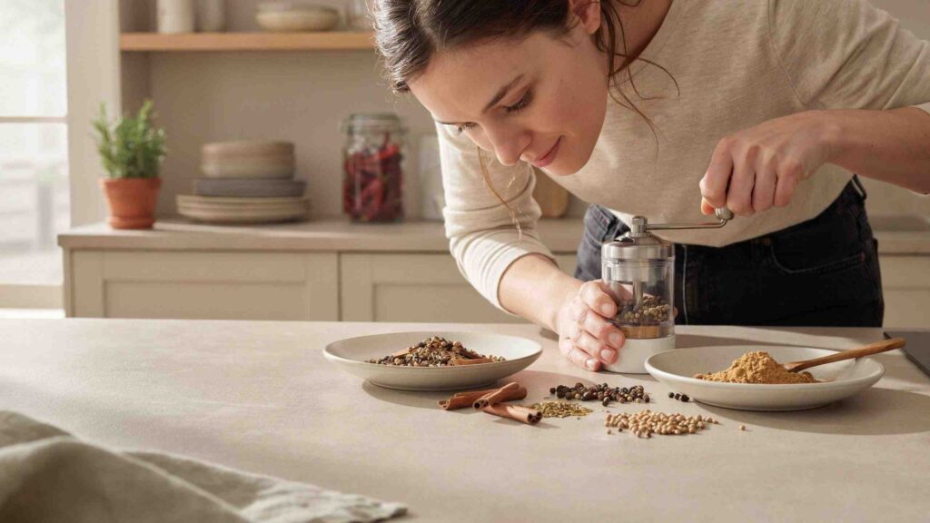 Woman grinding a small batch of whole spices in a spice grinder on a kitchen counter with fresh spices nearby.