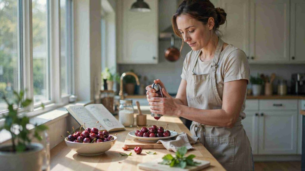 Home cook using a cherry pitting tool on a countertop while preparing fresh cherries in a bright and modern kitchen.