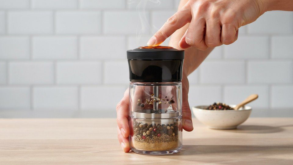 Close-up of a woman using a spice grinder with whole spices inside showing grinding process in a modern kitchen.