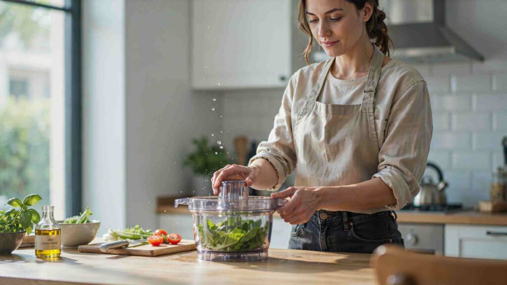 A woman in a modern kitchen using a salad spinner to dry fresh washed lettuce leaves with water droplets inside the bowl.