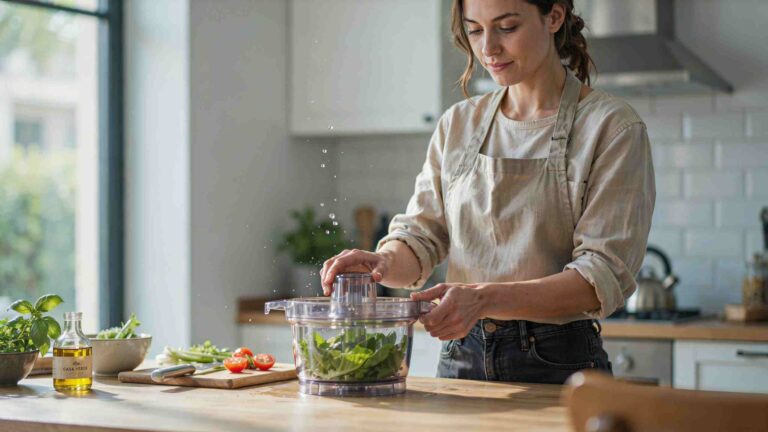 A woman in a modern kitchen using a salad spinner to dry fresh washed lettuce leaves with water droplets inside the bowl.