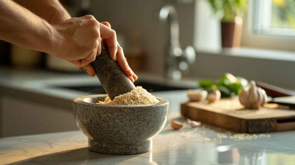 A person in a kitchen grinding rice in a mortar and pestle, showing the proper way to season it before its first use.