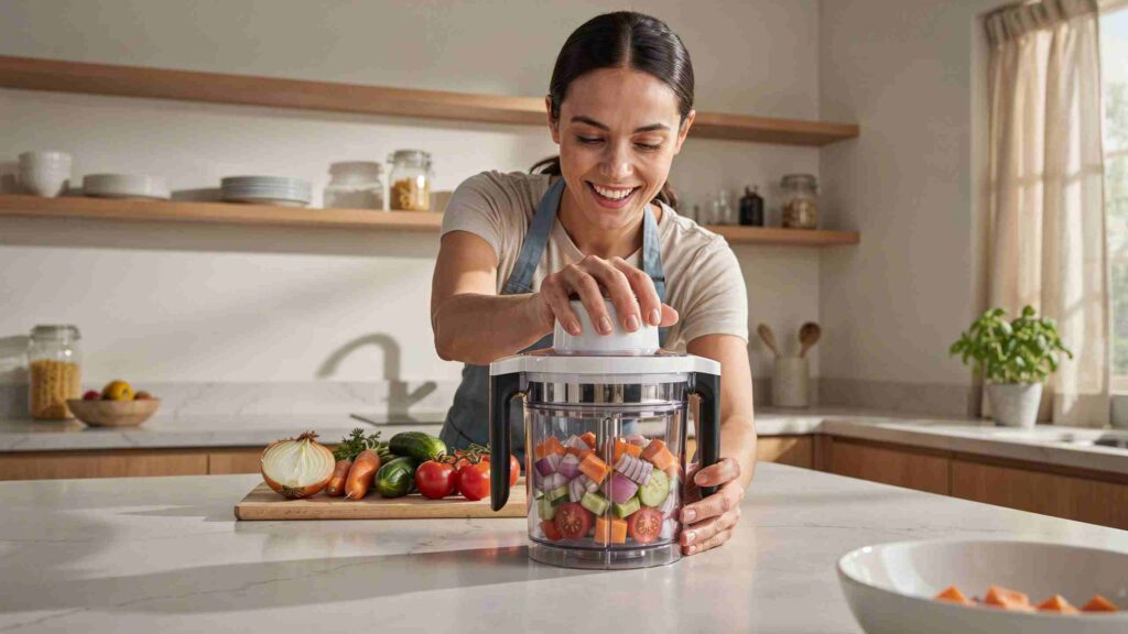 Woman using a vegetable chopper in a kitchen to chop fresh vegetables step by step.