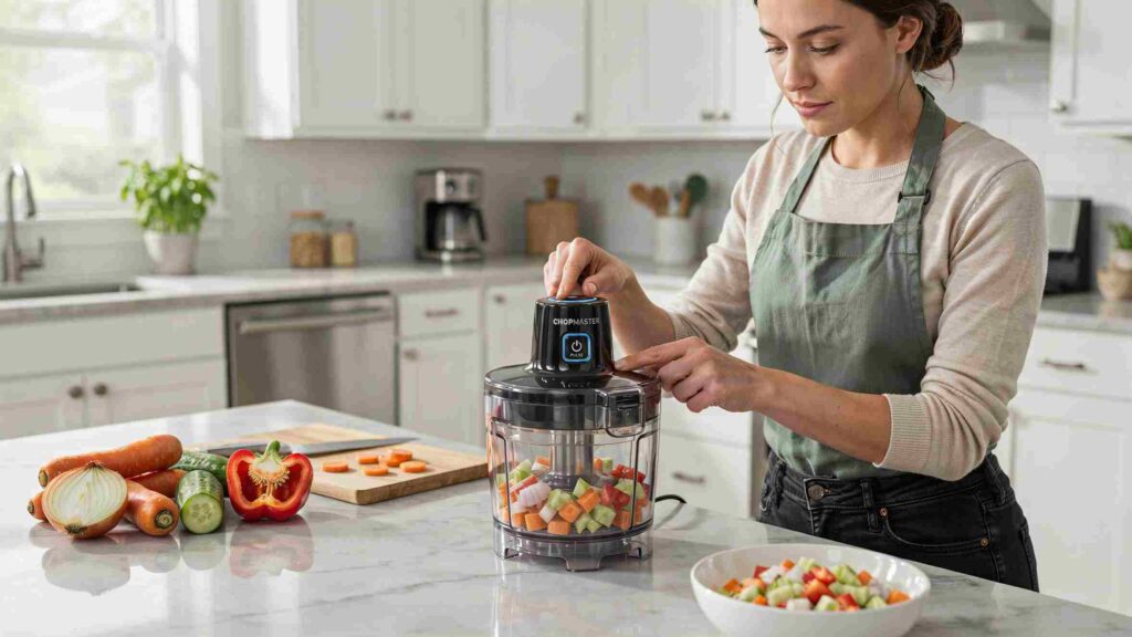 Woman using an electric vegetable chopper in a modern kitchen to chop fresh vegetables quickly and evenly.