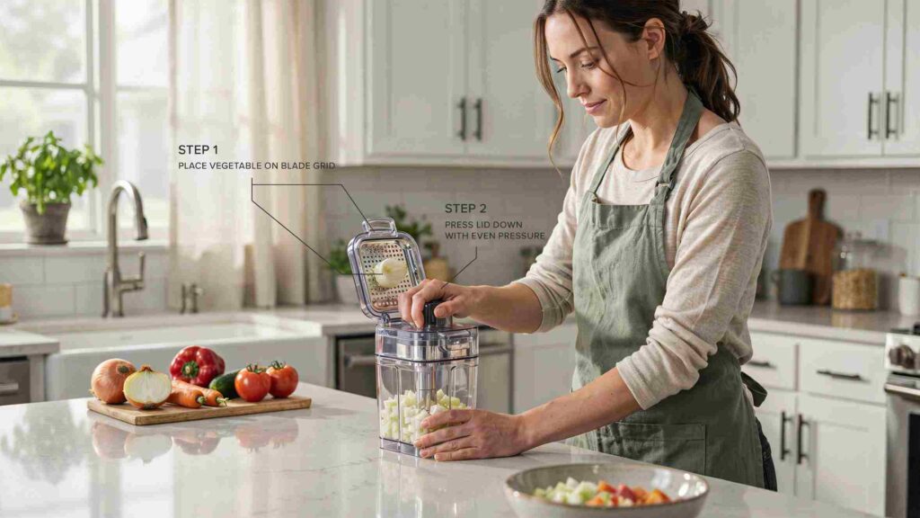 Woman using a manual vegetable chopper in a kitchen to chop vegetables into evenly sized pieces.