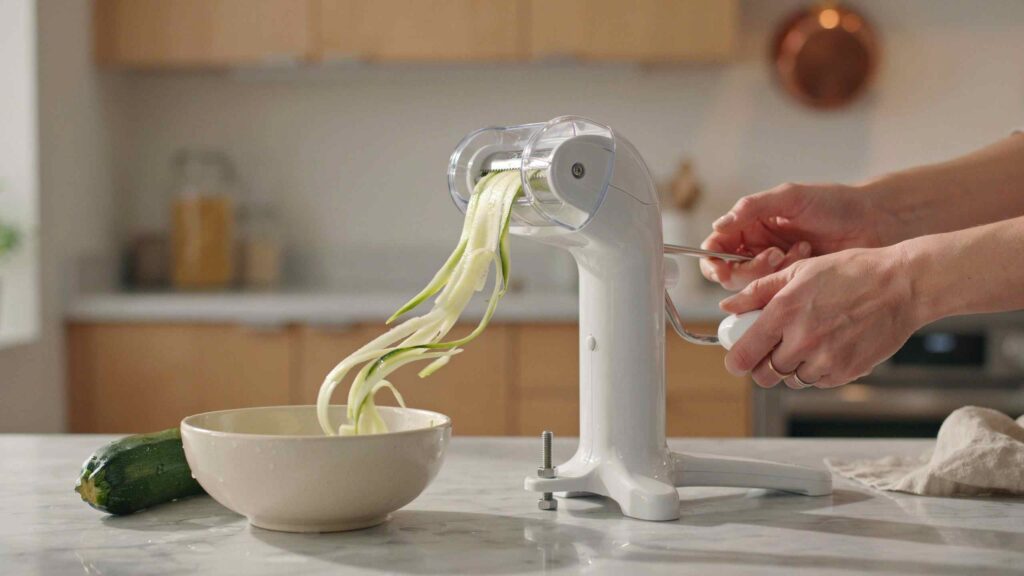 Close-up of hands cranking a white countertop spiralizer with fresh zucchini noodles falling into a ceramic bowl on a marble kitchen counter.