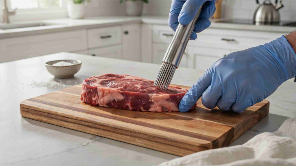 Needle meat tenderizer being safely used on a fresh steak in a clean kitchen.