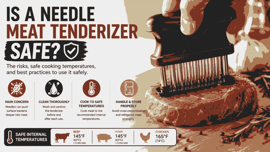 Infographic showing a needle meat tenderizer being used on a steak with food safety tips, cleaning instructions, and recommended cooking temperatures for beef, pork, and chicken.