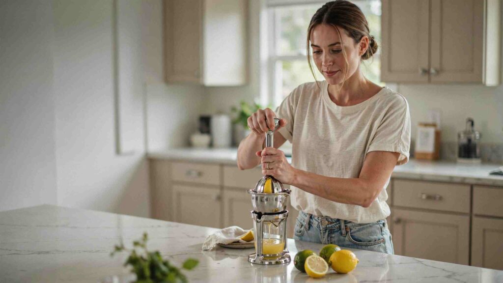 Fresh lemon juice pouring through the spout of a stainless steel citrus press into a clear glass on a white marble counter with halved lemons nearby.