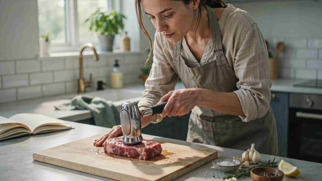 Woman gently using a meat tenderizer tool on raw meat in a clean modern kitchen with fresh ingredients on the counter,