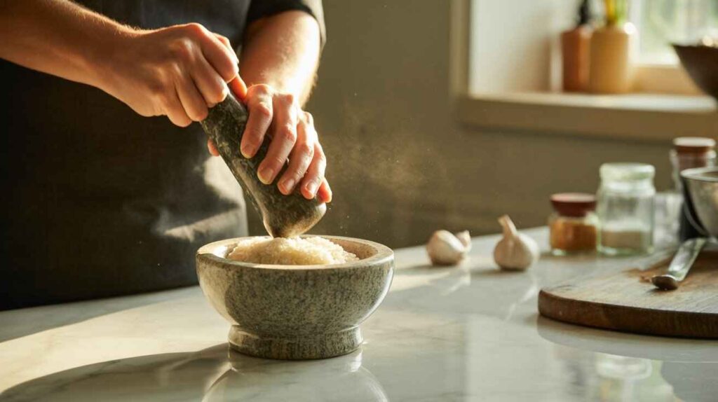 A person seasoning a mortar and pestle by grinding rice in a stone bowl on a kitchen counter to remove dust and prepare it for cooking use.