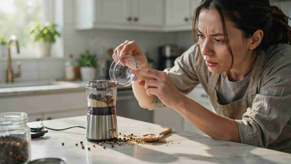 Woman inspecting a spice grinder with unevenly ground spices on a kitchen counter, showing signs of reduced grinding performance.