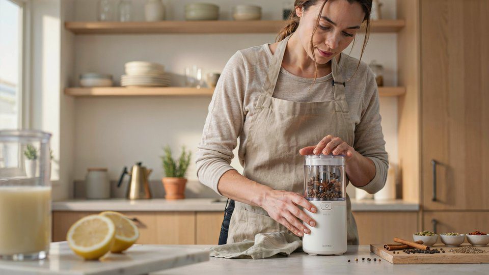 Woman demonstrating spice grinder use on a kitchen counter with whole spices prepared for grinding.