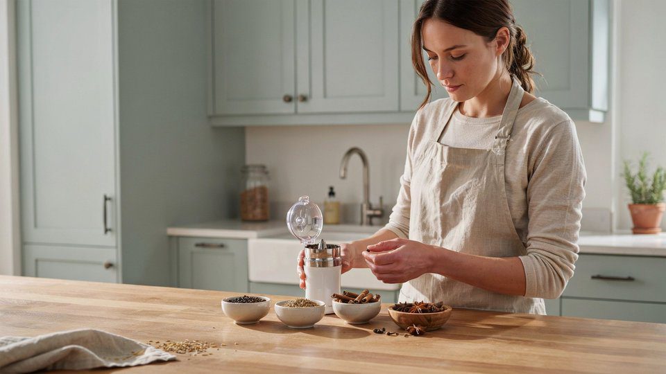 Woman checking dry whole spices and preparing small batches before using a spice grinder in a clean kitchen setup.