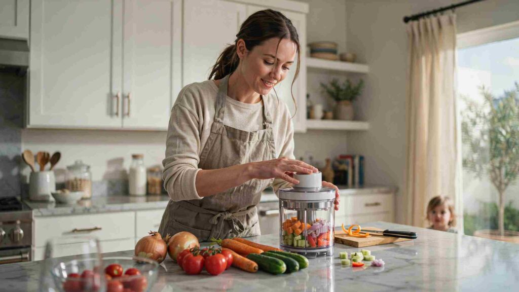Home cook chopping fresh vegetables with a vegetable chopper on a kitchen counter in a bright modern kitchen.
