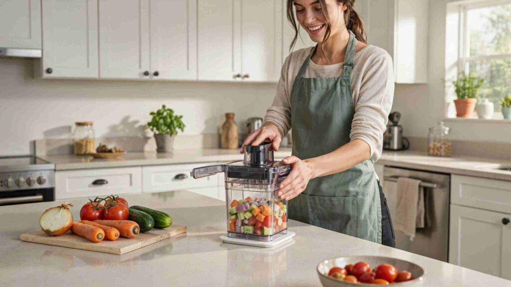 Woman demonstrating how to use a vegetable chopper while preparing fresh vegetables on a kitchen countertop.