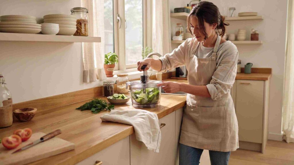 Woman spinning fresh lettuce in a salad spinner on a kitchen counter in a bright modern home kitchen.