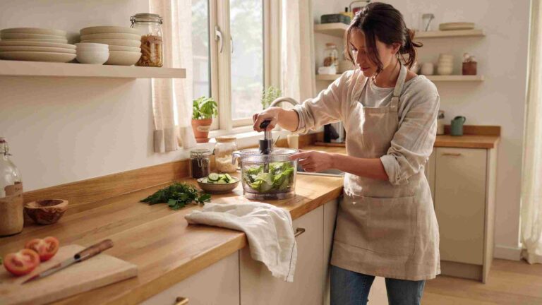 Woman spinning fresh lettuce in a salad spinner on a kitchen counter in a bright modern home kitchen.